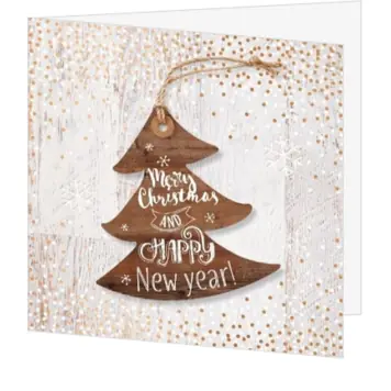 Kerstkaart met houten kerstboom en confetti