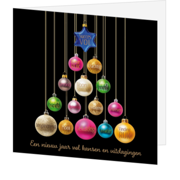 Kerstkaart met kleurrijke kerstballen en gouden details