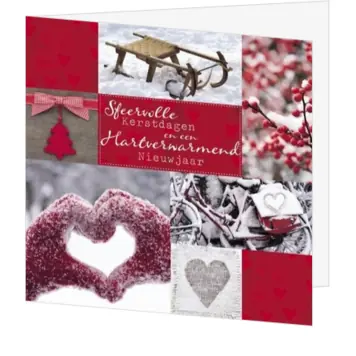 Kerstkaart met winterse collage in roodtinten