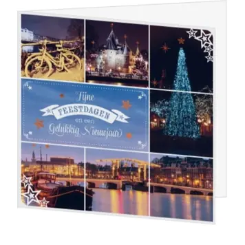 Kerstkaart met winterse Amsterdamse grachten en lichtjes