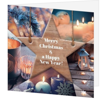 Kerstkaart met houten ster en sfeervolle kerstbeelden