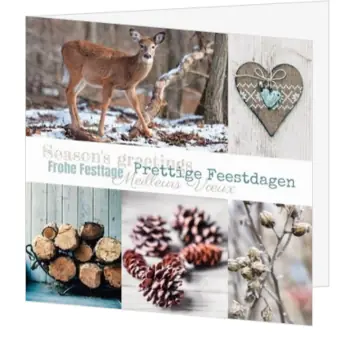 Kerstkaart met winterse natuurcollage en hert