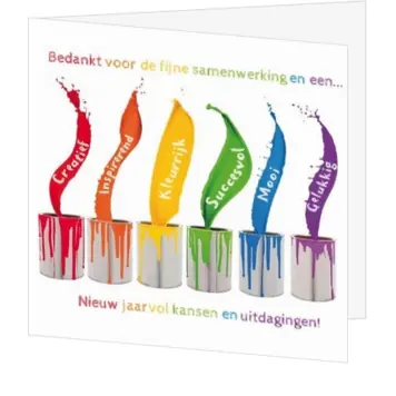 Kerstkaart met kleurrijke verfblikken en nieuwjaarswens