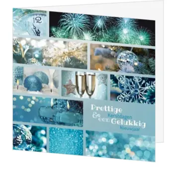 Blauwe kerstkaart met vuurwerk, kerstballen en champagne