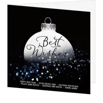 Kerstkaart met witte kerstbal en Best Wishes