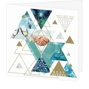 Kerstkaart met fotocollage en gouden driehoeken