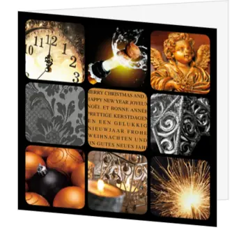 kerstkaart met warme collage van feestelijke details