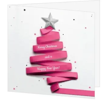kerstkaart met roze lint kerstboom en ster
