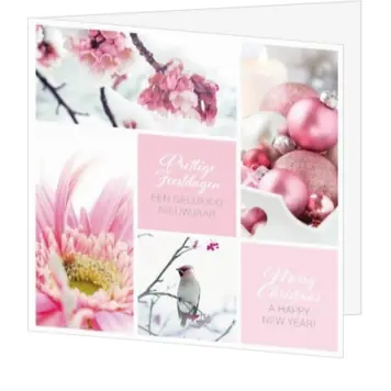 Roze kerstkaart met bloemen, kerstballen en wintervogel