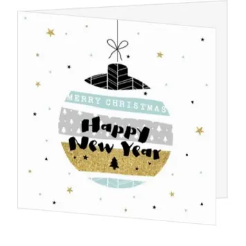 kerstkaart met typografische kerstbal en gouden accenten