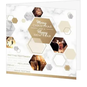Kerstkaart met marmerlook, goudtinten en hexagon design