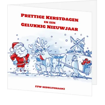 Kerstkaart met kerstman, rendier en Hollandse molen