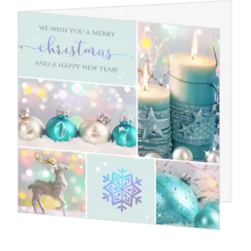 kerstkaart met kaarsen, kerstballen en 2027