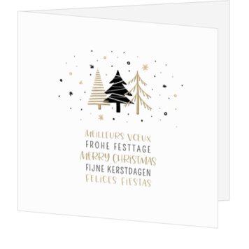 Kerstkaart met kerstbomen en internationale kerstwensen