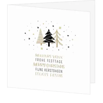 kerstkaart met kerstbomen en internationale kerstwensen