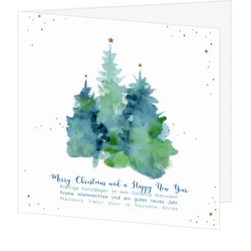 kerstkaart met aquarel kerstbomen en internationale kerstwensen