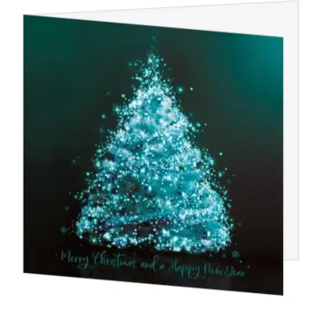 Kerstkaart met turquoise kerstboom en sprankelende details