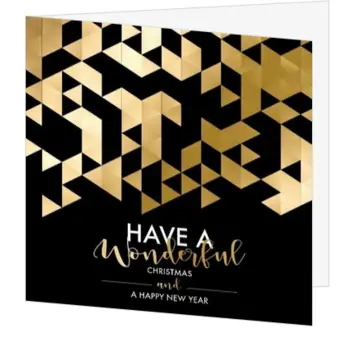 Kerstkaart met gouden driehoeken en zwarte achtergrond