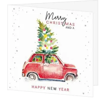 Kerstkaart met rood autootje en kerstboom