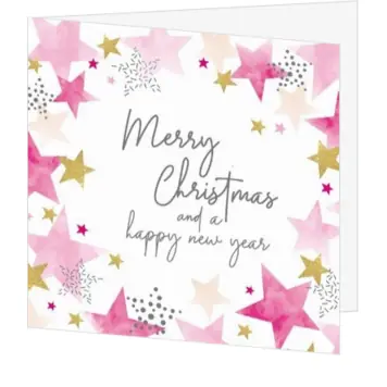 Kerstkaart met roze sterren en goudaccenten