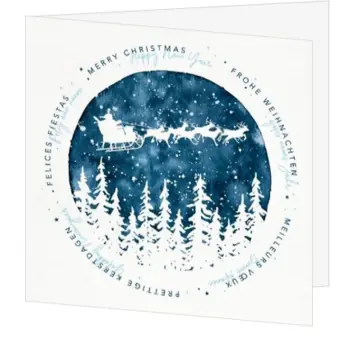 Kerstkaart met waterverf bomen en internationale kerstwensen