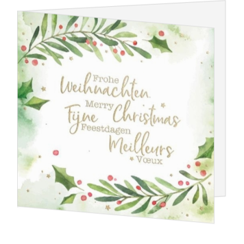Kerstkaart met internationale kerstgroet en aquarelkrans