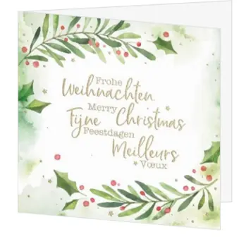 Kerstkaart met internationale kerstgroet en aquarelkrans