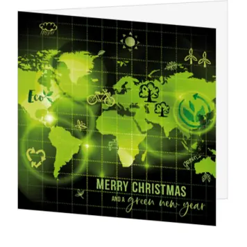 kerstkaart met groene wereldkaart en eco details