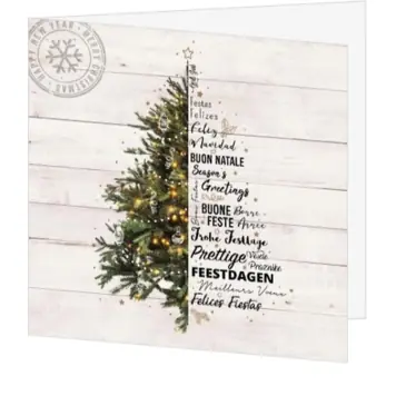 Kerstkaart met kerstboom op hout en stijlvolle typografie