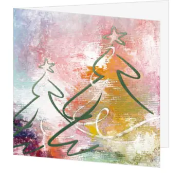 Kerstkaart met kunstzinnige kerstbomen in multicolor