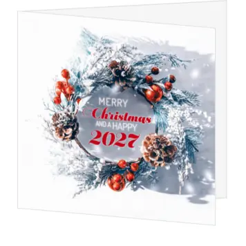kerstkaart met besneeuwde kerstkrans en 2027