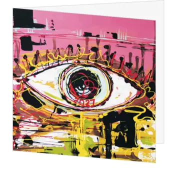 Kerstkaart met kunstzinnig oog en jaartal 2021