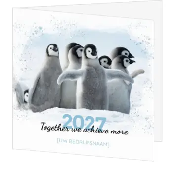 Kerstkaart met pinguïns in de sneeuw en jaartal 2027