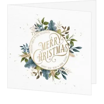Kerstkaart met aquarelblaadjes en gouden Merry Christmas