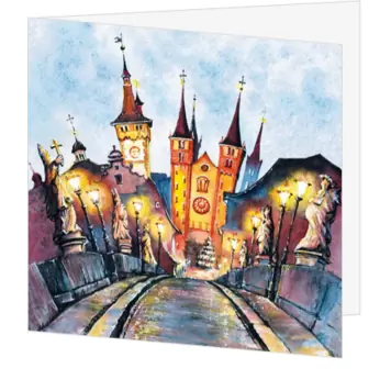 Kerstkaart met sfeervolle aquarel van verlichte kerk