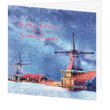 kerstkaart met Hollandse molens in winterse sfeer