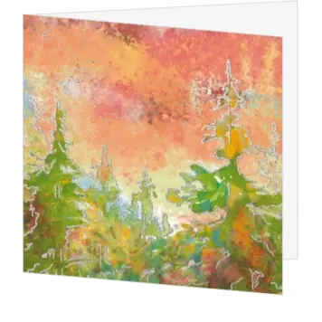 kerstkaart met kunstzinnige kerstbomen in warme waterverf