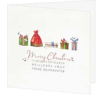 Kerstkaart met waterverf cadeautjes en meertalige kerstgroet