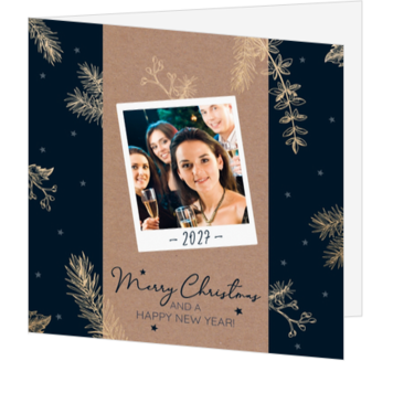 Kerstkaart met foto op kraft en gouden takjes