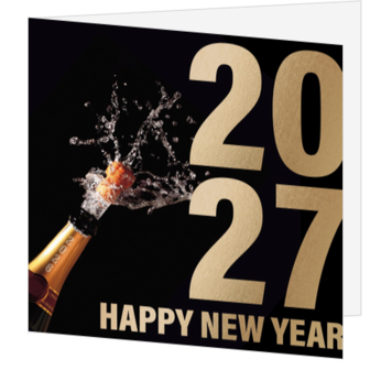 Kerstkaart met champagnefles en goudkleurig jaartal 2027