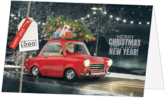Kerstkaart - Kerstman in retro autootje