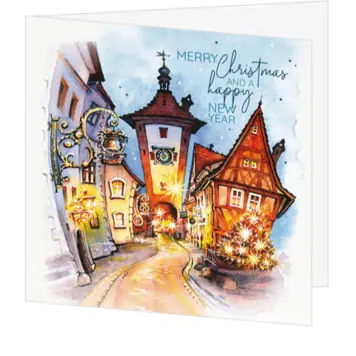 Kerstkaart met aquarel van sfeervol oud dorpje