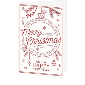 kerstkaart met rode lijntekening en internationale kerstgroet