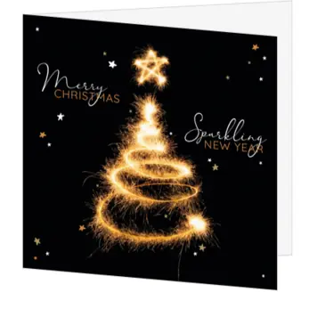 kerstkaart met fonkelende kerstboom en sterren
