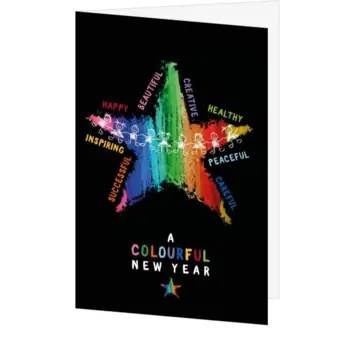 kerstkaart met kleurrijke ster en nieuwjaarswens