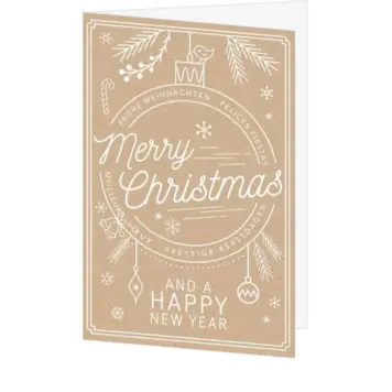 Kerstkaart met witte lijntekening op kraft