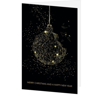 Kerstkaart met gouden geometrische kerstbal op zwart