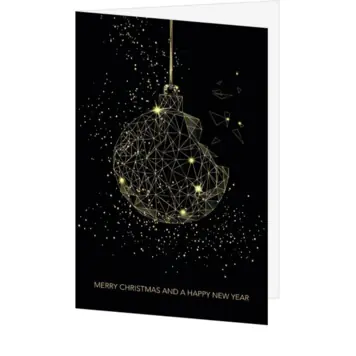 kerstkaart met gouden geometrische kerstbal op zwart