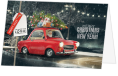 Kerstkaart - Kerstman in retro autootje