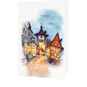 Kerstkaart met aquarel van verlicht oud dorpje
